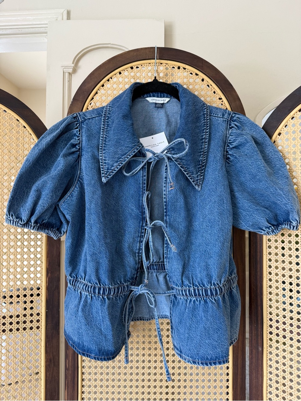 American Eagle Denim Tie-Front Puff Sleeve Jacket - Blue
